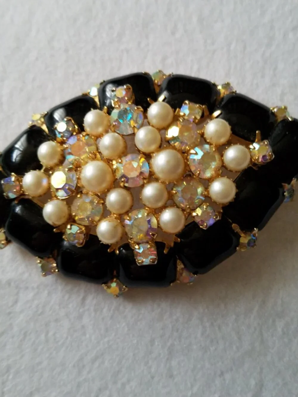 Vintage Black Glass with Faux Pearls and Rhinestone Domed Brooch
